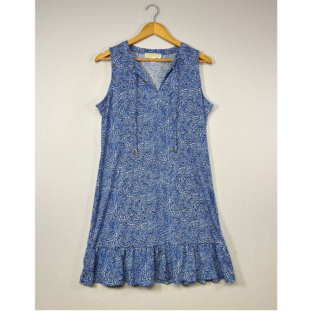 Boho Coastal Michael Kors Womens Medium Blue Swirl Print Ruffle Hem Shift Dress